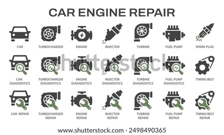 Car engine repair icons, such as turbo charger diagnostics, fuel injector, turbine, spark plug and more. Vector illustration. Easily changes to any color.