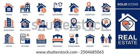 Real estate icon set. Collection of kitchen, bedroom, bathroom and more. Vector illustration. Easily changes to any color.