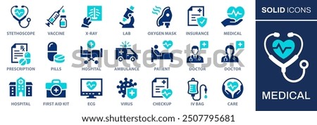 Medical icon set. Collection of vaccine, stethoscope, x-ray, oxygen mask, and more. Vector illustration. Easily changes to any color.