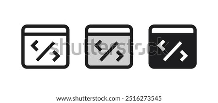 Code icon. Web development or programming symbol in three styles. Vector illustration.