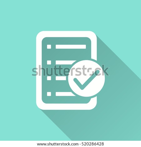 Checklist vector icon with long shadow. White illustration isolated on green background for graphic and web design.