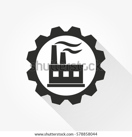 Factory vector icon with long shadow. Black illustration isolated on white background for graphic and web design.
