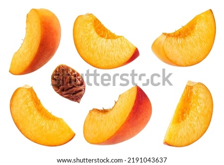 Similar – Image, Stock Photo Sliced fresh peach and grape on homemade ceramic plate on yellow tablecloth,