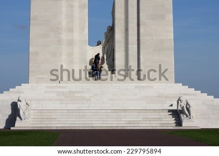 VIMY, FRANCE- NOVEMBER 11, 2014: Canadian memorial of Vimy  to the first world war.  People visit the memorial at the centenary of the Armistice of the Great War.