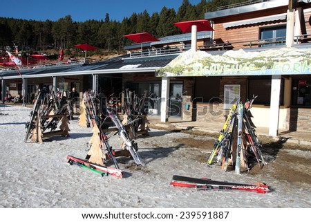 FORMIGUERES, FRANCE- DECEMBER 22, 2014: Ski in the ski resort of Formigueres in Pyrenees Orientales, Languedoc region of France
