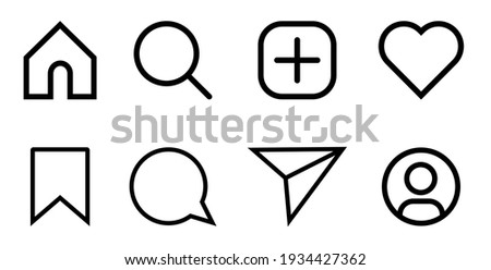 Instagram Media Icons. Like, Comment, Share, Save, Home, Search, Admin. Silhouette Flat Line Art Symbols. Web Flat Icon