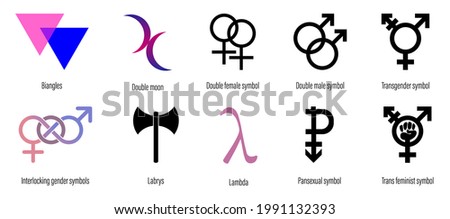 Set of LGBT symbols. Biangles, Double moon, Double female symbol, Double male symbol, Labrys, Lambda and others. Vector illustration