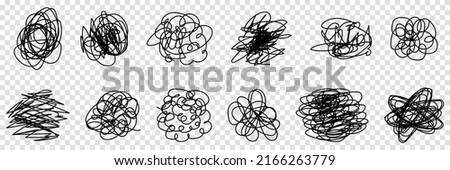 Random chaotic lines. Hand drawn doodle tangled scribbles. Vector illustration isolated on transparent background