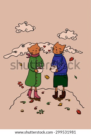 cats in clothes. romantic couple. fall. hot coffee