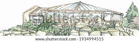 Watercolor sketch illustration of botanical garden landscape isolated on white background. Hand drawn with liner greenhouse for print, postcards, t-shirts, decoration.