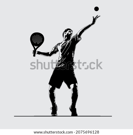 Male Tennis padel Player Icon Illustration. Paddle Sport Vector Graphic Symbol Clip Art. Sketch Black Sign young man is padel tennis player jump to the ball good looking for posts and poster video