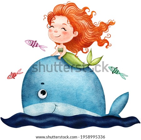 Cute adorable little mermaid on a big blue whale with fish swims, painted in watercolor 