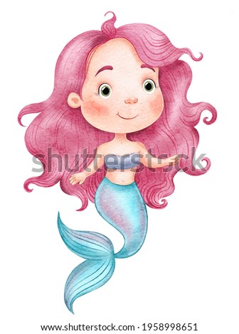 Cute lovely cartoon mermaid with pink hair painted in watercolor