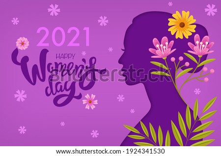 2021 Happy Women's Day, purple silhouetted woman in side profile with flowers in her hair. Stock fotó © 