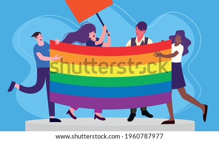 People smiling, holding a rainbow-colored pride flag and sign for a pride month march.