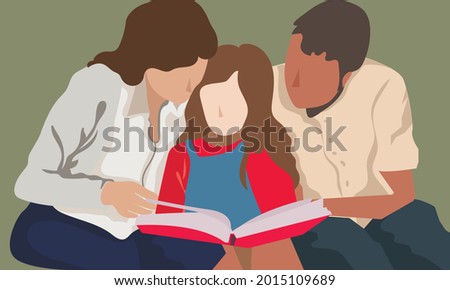 Parents reading child a bedtime story.