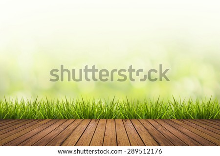 Fresh spring grass with green nature blurred background and wood floor