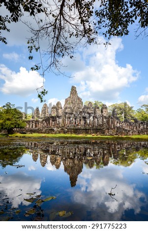 Reflection of Bayon temple in Angkor Thom, one of landmark in Siem Reap, Cambodia