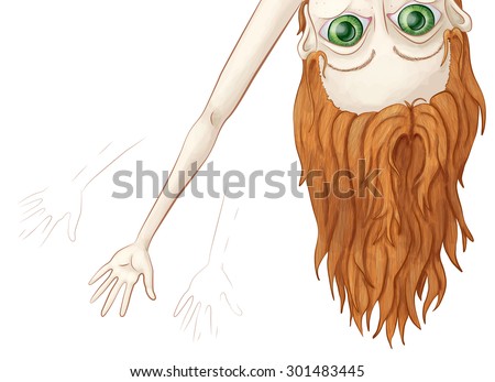 A hand drawn vector illustration of a young girl with large eyes and long arms upside-down peeking over the top of the art board waving.