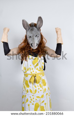Donkey housewife wearing an apron over an evening dress and evening gloves and rubber gloves