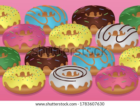 Set of sweet colourful donuts. seamless doughnuts collection glaze with many decorative sprinkles on pink background. realistic style vector illustration