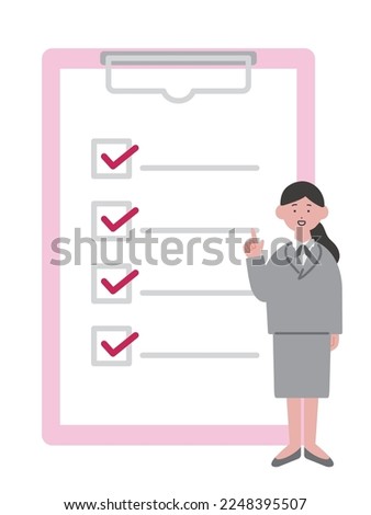 Illustration of a woman in a suit pointing and a checklist