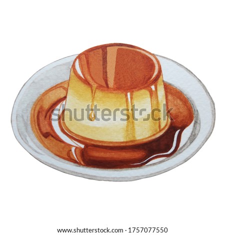 Caramel Custard Pudding Hand drawn watercolor painting illustration on white background