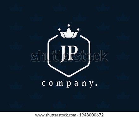 Letter JP, J or P royal crown logo design template elements. Elegant crest logo icon vector design. Creative badge design with king crown and shield for corporate and business. Queen symbol.