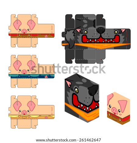 3 Little pig paper craft box character for story time or board game 
