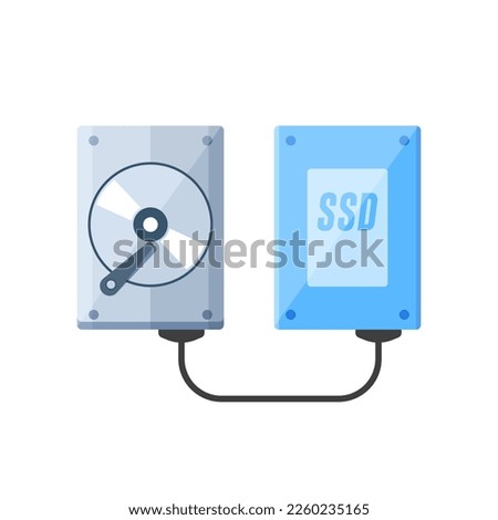 Hard Disk Drive, HDD and Solid State Drive, SSD Data Transfer Vector Icon Illustration