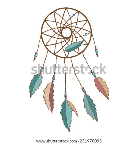 Indian dream-catcher dreamcatcher dream catcher with feathers and beads isolated on white background. Raster illustration.