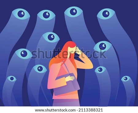 Ashamed girl  hiding herself from evil eyes vector illustration concept
