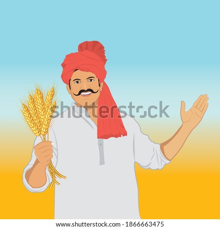 Illustration of Happy Indian farmer with crop in hand.