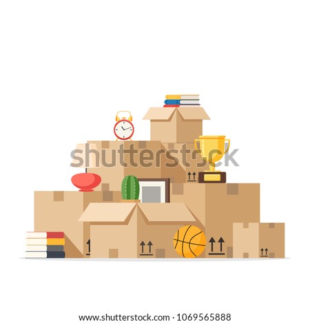 Moving with boxes to new home. Pile of stacked cardboard boxes. Vector stock illustration in flat style isolated on white background