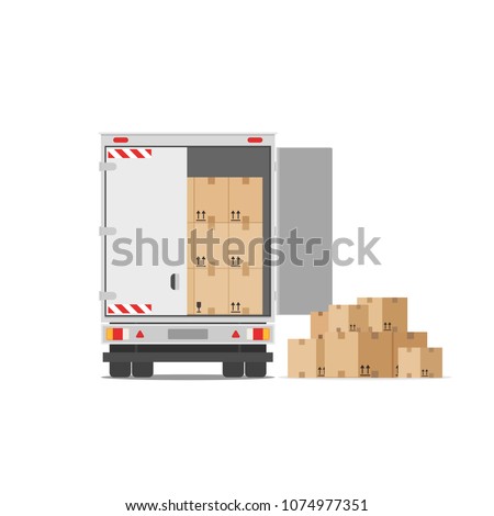 Truck for transportation of goods loaded with cardboard boxes. Delivery truck with a bunch of boxes. Concept of moving to a new house. Vector stock illustration in flat style isolated on white