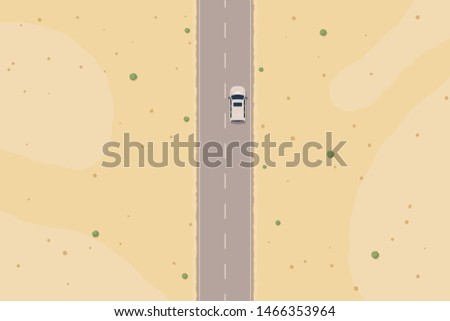 Road in the desert, top View. Road adventures, car travel.  The car goes on the highway through the desert, aerial view. Vector illustration