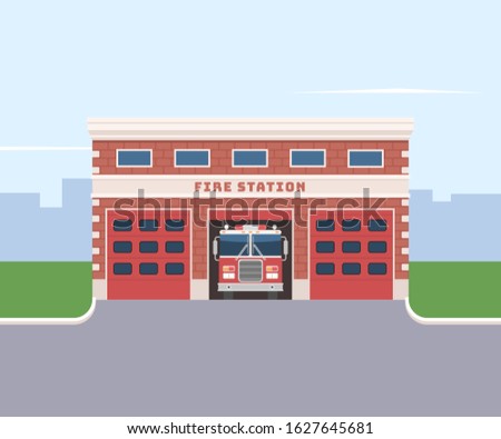 Fire station with a fire truck on a cityscape background. Vector illustration