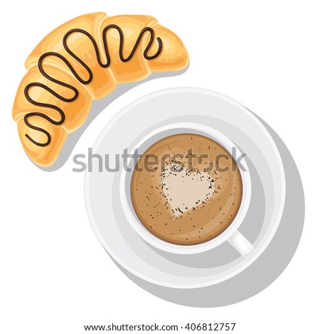 vector images illustrations and cliparts tasty breakfast food coffee mug top view cappuccino and croissant with chocolate top vector illustration isolated on white background for your web design or print brochures hqvectors com