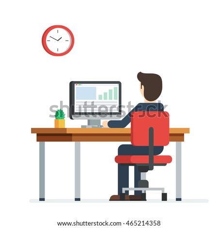 Business person working on computer. Businessman sitting on a red chair behind the office Desk with a cactus, wall clock. Cool vector flat illustration character design isolated on white background
