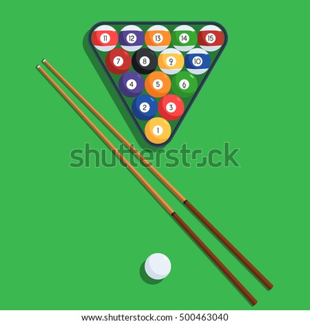 Billiard balls in the triangle rack and cue on green table. Vector illustration of a pool or billiard elements set for web design banner or print card