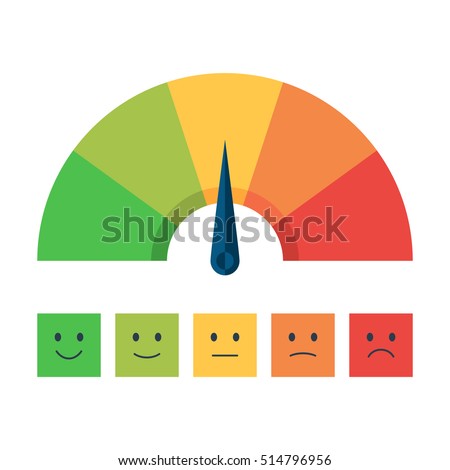 Color scale with arrow from red to green and the scale of emotions. The measuring device icon- sign tachometer, speedometer, indicators. Vector illustration in flat style isolated on white background