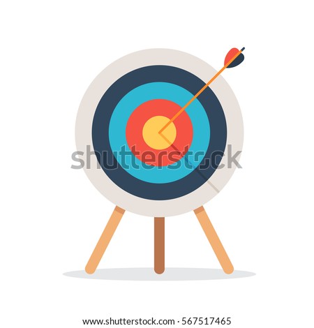 Target with arrow, standing on a tripod. Goal achieve concept. Vector illustration isolated on white background