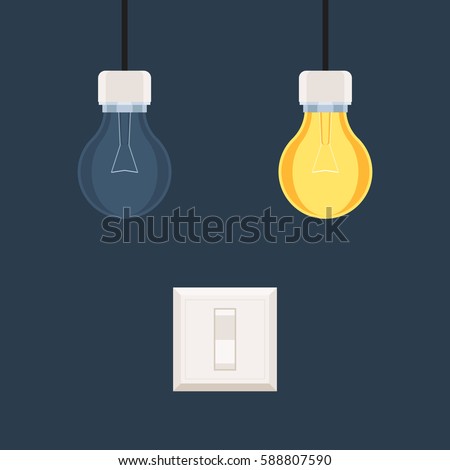 Tumbler switch, on and off light bulbs. Idea concept. Vector illustration in flat style design