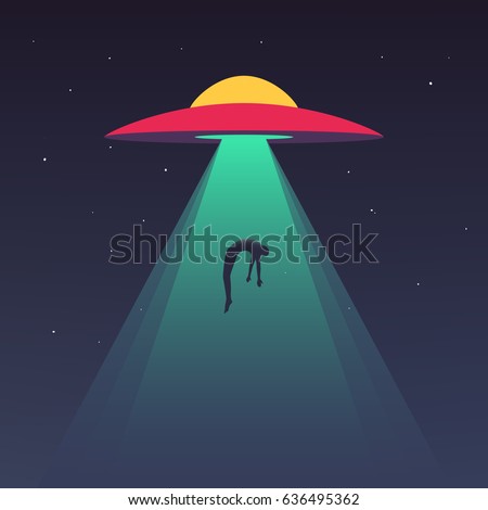 UFO abducts human. Space ship UFO ray of light in the night sky. Vector illustration in flat style