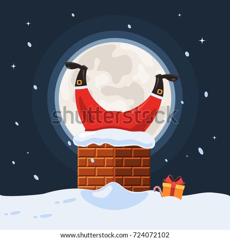 Santa Claus stuck in the chimney on the background of the full moon. The concept of Merry Christmas. Vector illustration in cartoon style