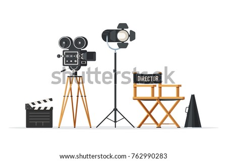 Director chair, movie camera with film reels, searchlight, megaphone and clapperboard. Vintage cinema concept. Vector illustration in trendy flat style design isolated on white background
