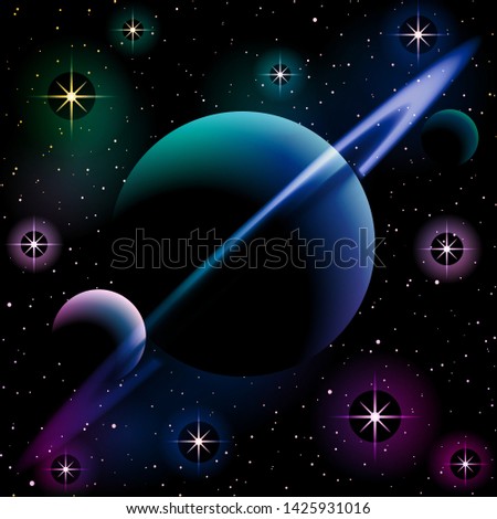 illustration of a planet with a ring and two moons, against a starry space background. 