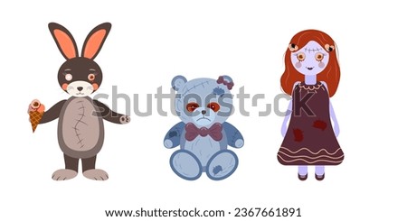 Drawing of Creepy doll. Halloween concept.Vector. Scary toy bear, a one eyed rabbit and a doll with bloody eyes...