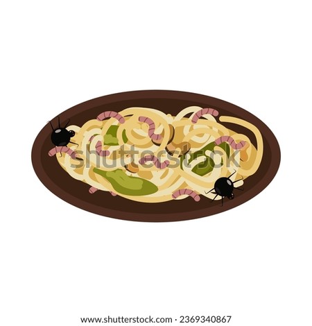 Scary Halloween dish. Zombie menu. Terrible food. Pasta on a plate with crawling worms. Design of the Halloween menu banner, poster. Vector illustration...