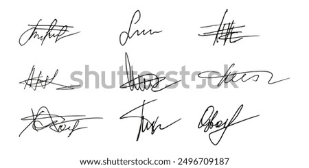 Fake signature hand drawn sample own autograph. Fictitious handwritten signature. Black ink color. Scribble for sample contracts documents certificates or letters. Vector illustration.